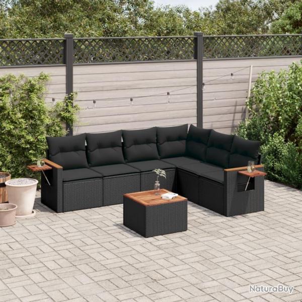 Salon de jardin 7 pcs avec coussins noir r�sine tress�e
