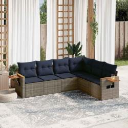 Salon de jardin 6 pcs avec coussins gris r&eacute;sine tress&eacute;e