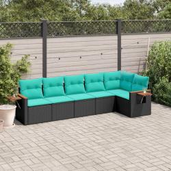 Salon de jardin 6 pcs avec coussins noir r&eacute;sine tress&eacute;e