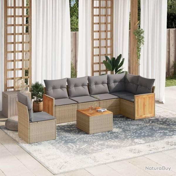Salon de jardin avec coussins 7 pcs beige r�sine tress�e
