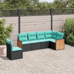 Salon de jardin 6 pcs avec coussins noir r&eacute;sine tress&eacute;e