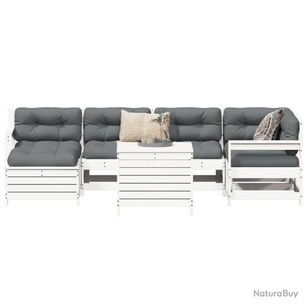 Salon de jardin 7 pcs blanc bois de pin massif