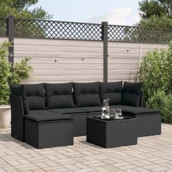 Salon de jardin 7 pcs avec coussins noir r&eacute;sine tress&eacute;e