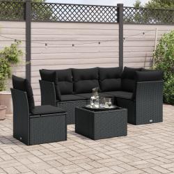 Salon de jardin 6 pcs avec coussins noir r&eacute;sine tress&eacute;e