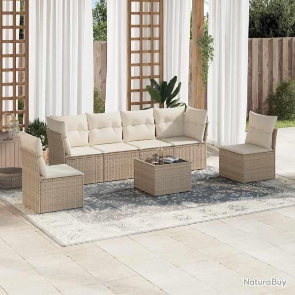 Salon de jardin avec coussins 7 pcs beige r�sine tress�e