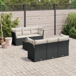 Salon de jardin 7 pcs avec coussins noir r&eacute;sine tress&eacute;e