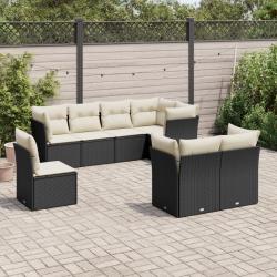 Salon de jardin 8 pcs avec coussins noir r&eacute;sine tress&eacute;e