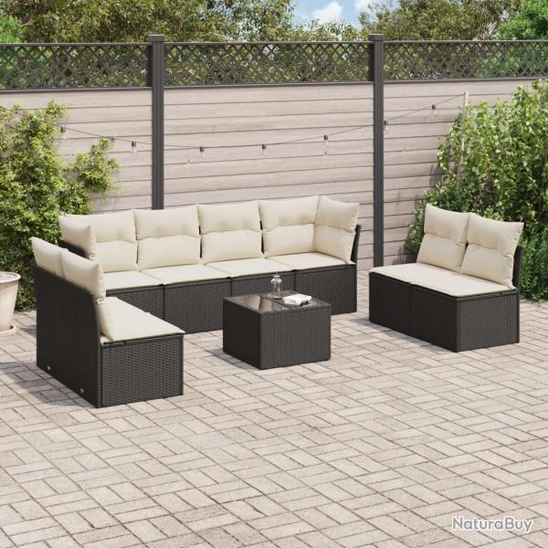 Salon de jardin 9 pcs avec coussins noir r�sine tress�e