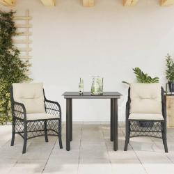 Ensemble de bistro 3 pcs avec coussins noir r&eacute;sine tress&eacute;e