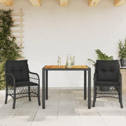 Ensemble de bistro 3 pcs avec coussins noir r&eacute;sine tress&eacute;e