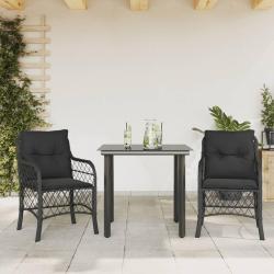 Ensemble de bistro 3 pcs avec coussins noir r&eacute;sine tress&eacute;e