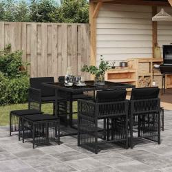Ensemble &agrave; manger de jardin 9pcs coussins noir r&eacute;sine tress&eacute;e