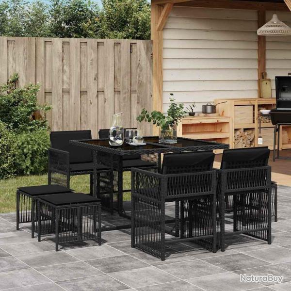 Ensemble � manger de jardin 9pcs coussins noir r�sine tress�e