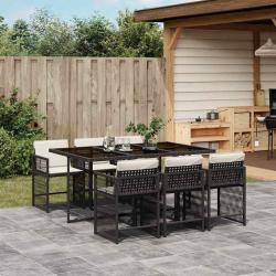 Ensemble &agrave; manger de jardin coussins 7pcs Noir R&eacute;sine tress&eacute;e
