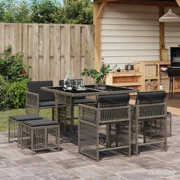 Ensemble � manger de jardin 9 pcs coussins gris r�sine tress�e