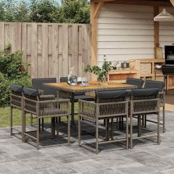 Ensemble &agrave; manger de jardin 9 pcs coussins gris r&eacute;sine tress&eacute;e