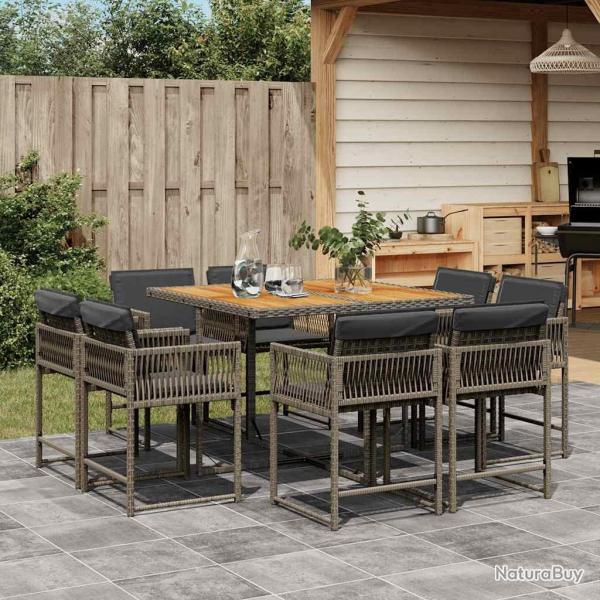 Ensemble � manger de jardin 9 pcs coussins gris r�sine tress�e