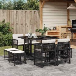 Ensemble &agrave; manger de jardin 9pcs coussins noir r&eacute;sine tress&eacute;e