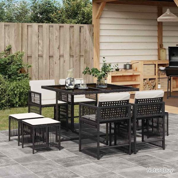 Ensemble � manger de jardin 9pcs coussins noir r�sine tress�e