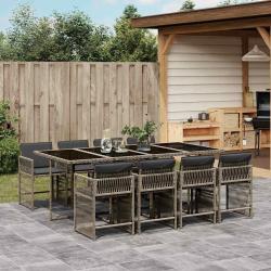 Ensemble &agrave; manger de jardin 9 pcs coussins gris r&eacute;sine tress&eacute;e