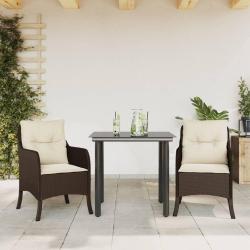 Ensemble &agrave; manger de jardin 3 pcs et coussins marron poly rotin