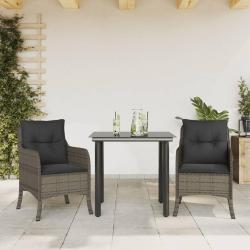 Ensemble &agrave; manger de jardin 3 pcs coussins gris r&eacute;sine tress&eacute;e