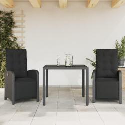 Ensemble de bistro 3 pcs avec coussins noir r&eacute;sine tress&eacute;e