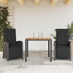 Ensemble de bistro 3 pcs avec coussins noir r&eacute;sine tress&eacute;e