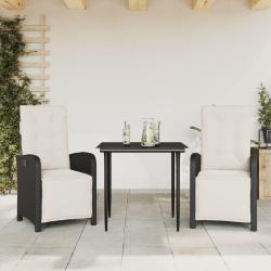 Ensemble de bistro 3 pcs avec coussins noir r&eacute;sine tress&eacute;e