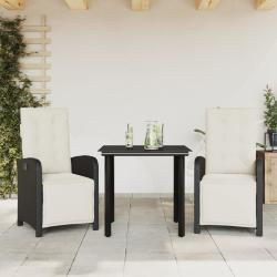 Ensemble de bistro 3 pcs avec coussins noir r&eacute;sine tress&eacute;e