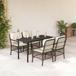 Ensemble &agrave; manger de jardin 5 pcs et coussins marron poly rotin