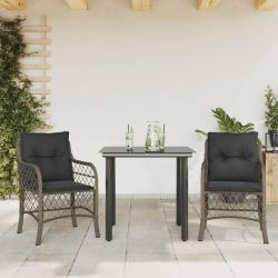 Ensemble de bistro 3 pcs avec coussins gris r&eacute;sine tress&eacute;e