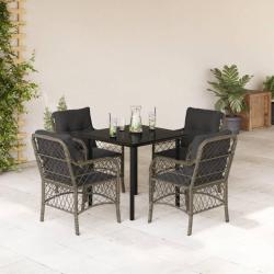 Ensemble &agrave; manger de jardin 5 pcs coussins gris r&eacute;sine tress&eacute;e