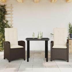 Ensemble &agrave; manger de jardin 3 pcs et coussins marron poly rotin