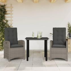Ensemble &agrave; manger de jardin 3 pcs coussins gris r&eacute;sine tress&eacute;e