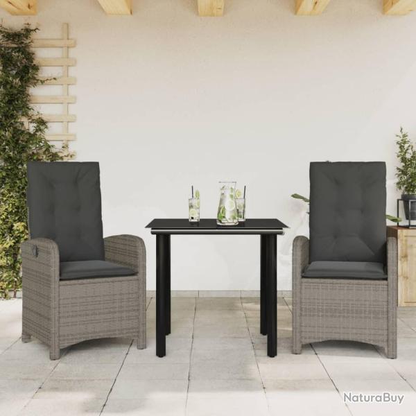 Ensemble � manger de jardin 3 pcs coussins gris r�sine tress�e