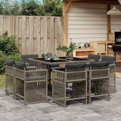 Ensemble &agrave; manger de jardin 9 pcs coussins gris r&eacute;sine tress&eacute;e