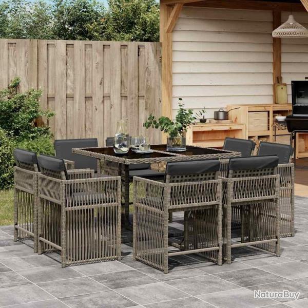 Ensemble � manger de jardin 9 pcs coussins gris r�sine tress�e