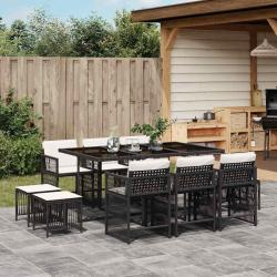 Ensemble &agrave; manger de jardin 11 pcs coussins noir r&eacute;sine tress&eacute;e