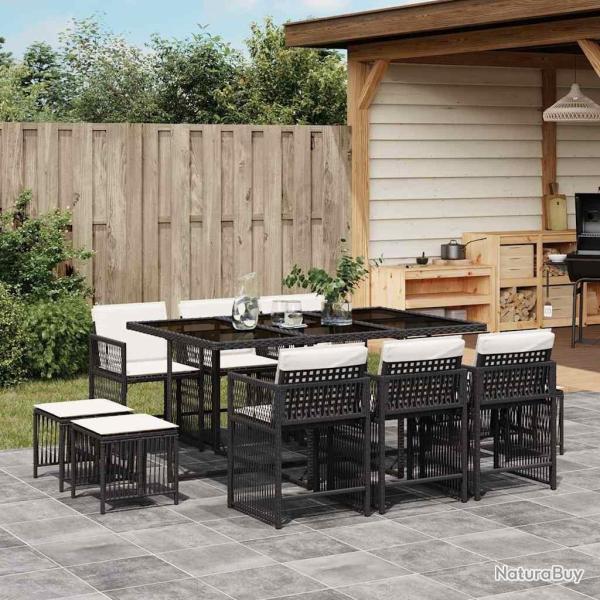 Ensemble � manger de jardin 11 pcs coussins noir r�sine tress�e