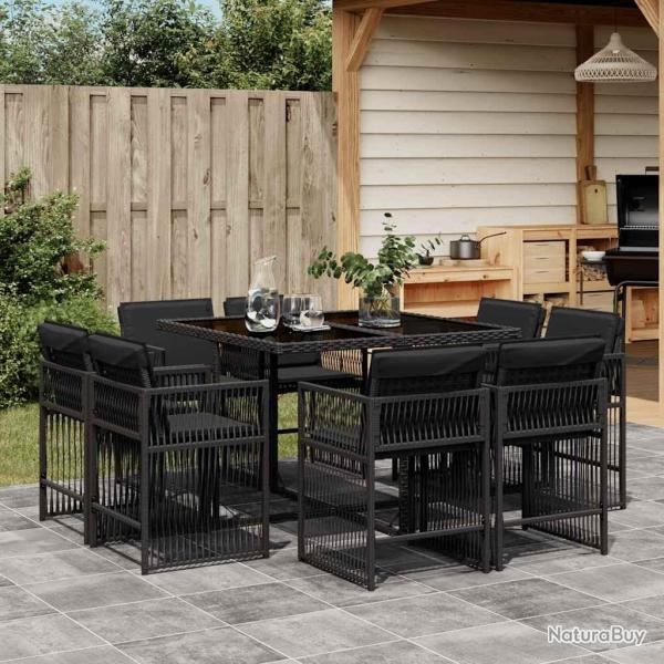 Ensemble � manger de jardin 9pcs coussins noir r�sine tress�e