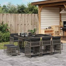 Ensemble &agrave; manger de jardin 11pcs avec coussins gris poly rotin