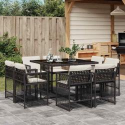 Ensemble &agrave; manger de jardin 9pcs coussins noir r&eacute;sine tress&eacute;e