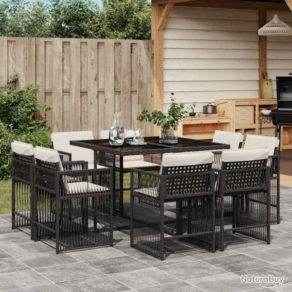 Ensemble � manger de jardin 9pcs coussins noir r�sine tress�e