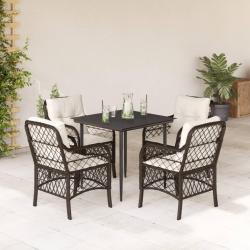 Ensemble &agrave; manger de jardin 5 pcs et coussins marron poly rotin