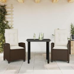 Ensemble &agrave; manger de jardin 3 pcs et coussins marron poly rotin