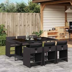 Ensemble &agrave; manger de jardin coussins 7pcs Noir R&eacute;sine tress&eacute;e
