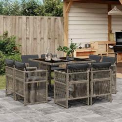 Ensemble &agrave; manger de jardin 9 pcs coussins gris r&eacute;sine tress&eacute;e