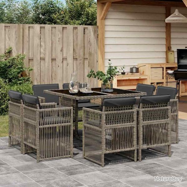 Ensemble � manger de jardin 9 pcs coussins gris r�sine tress�e