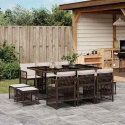 Ensemble &agrave; manger de jardin et coussins 11 pcs marron rotin